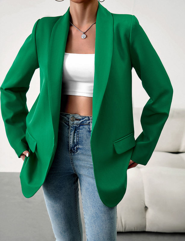 Green Solid Color Lapel Collar Blazer Coat