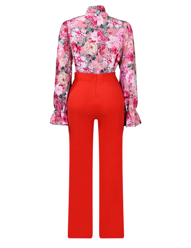 Pink Flounce Sleeve Floral Blouse and Tangerine Wide Leg Pant Set