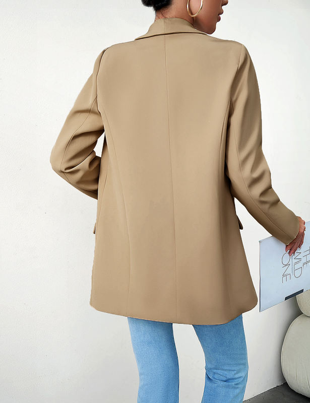 Khaki Solid Color Lapel Collar Blazer Coat