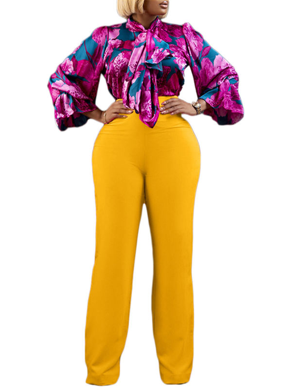 Rose Flounce Sleeve Floral Blouse and Yellow Wide Leg Pant Set