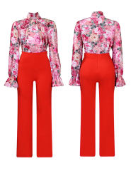 Pink Flounce Sleeve Floral Blouse and Tangerine Wide Leg Pant Set
