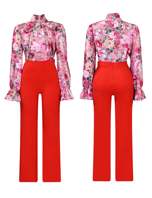 Pink Flounce Sleeve Floral Blouse and Tangerine Wide Leg Pant Set