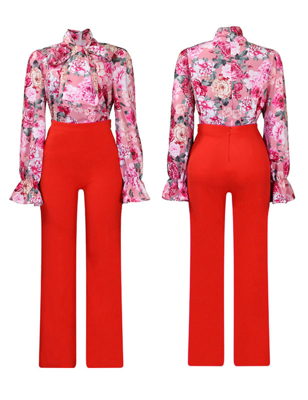 Pink Flounce Sleeve Floral Blouse and Tangerine Wide Leg Pant Set