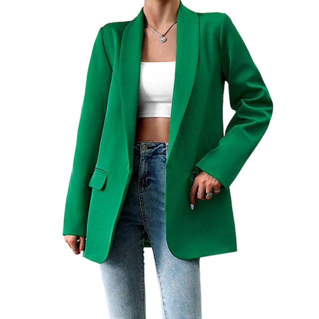 Green Solid Color Lapel Collar Blazer Coat