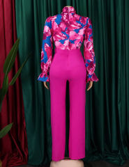 Rose Flounce Sleeve Floral Blouse and Wide Leg Pant Set