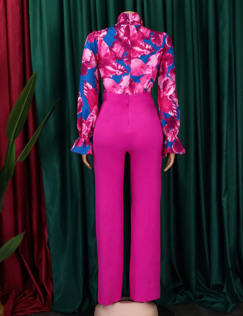 Rose Flounce Sleeve Floral Blouse and Wide Leg Pant Set