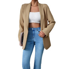 Khaki Solid Color Lapel Collar Blazer Coat