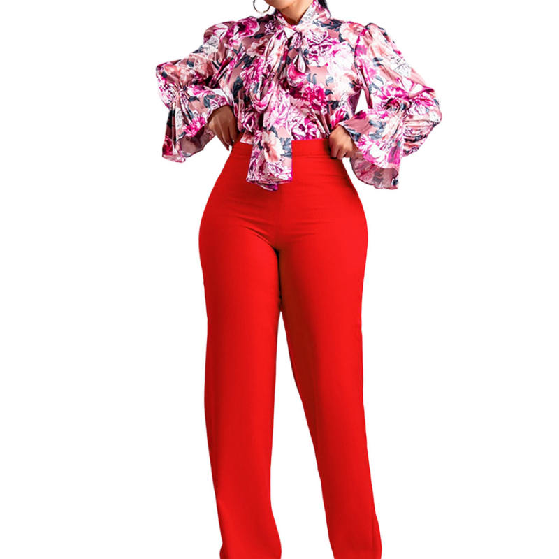 Pink Flounce Sleeve Floral Blouse and Tangerine Wide Leg Pant Set