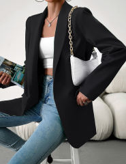 Black Solid Color Lapel Collar Blazer Coat