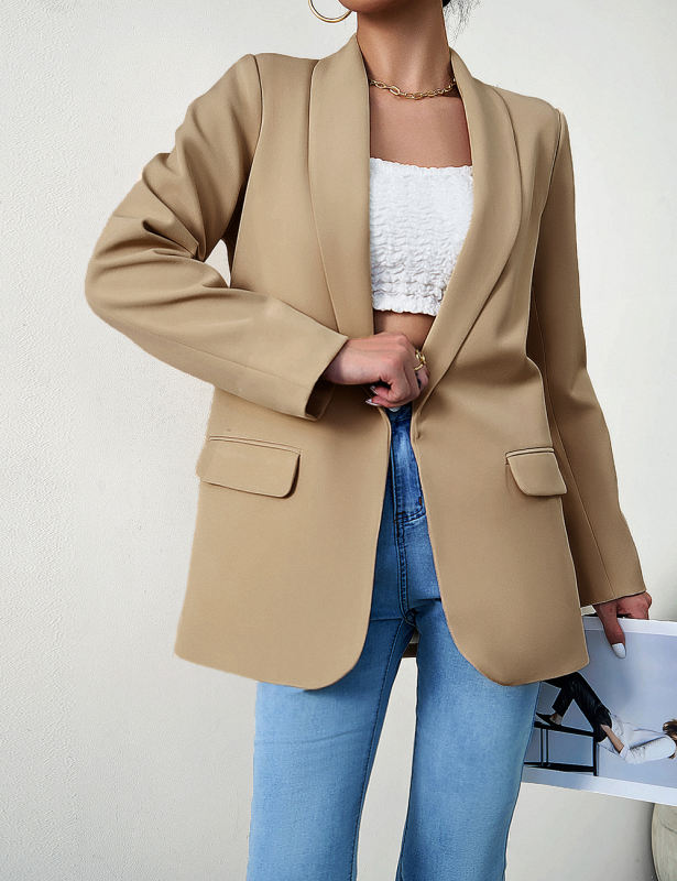 Khaki Solid Color Lapel Collar Blazer Coat