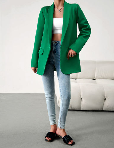 Green Solid Color Lapel Collar Blazer Coat