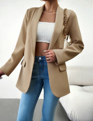 Khaki Solid Color Lapel Collar Blazer Coat