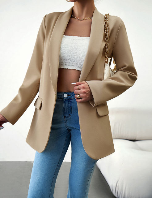 Khaki Solid Color Lapel Collar Blazer Coat