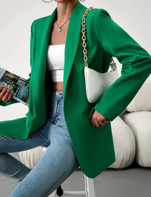 Green Solid Color Lapel Collar Blazer Coat