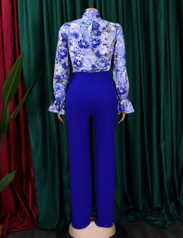 Blue Flounce Sleeve Floral Blouse and Wide Leg Pant Set