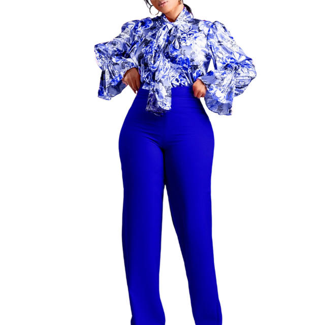 Blue Flounce Sleeve Floral Blouse and Wide Leg Pant Set