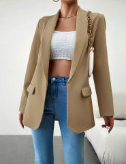 Khaki Solid Color Lapel Collar Blazer Coat