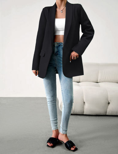 Black Solid Color Lapel Collar Blazer Coat