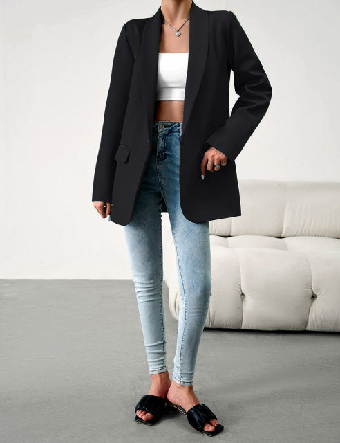 Black Solid Color Lapel Collar Blazer Coat