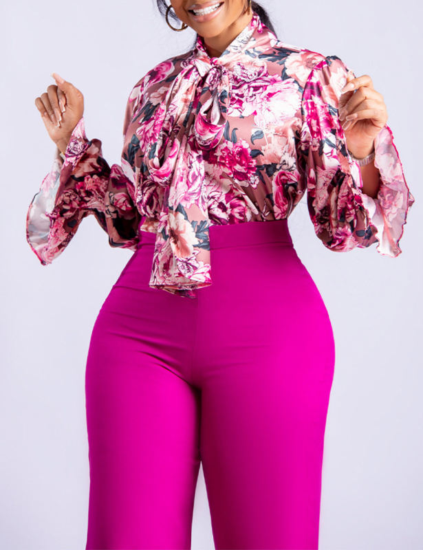 Pink Flounce Sleeve Floral Blouse and Rose Wide Leg Pant Set