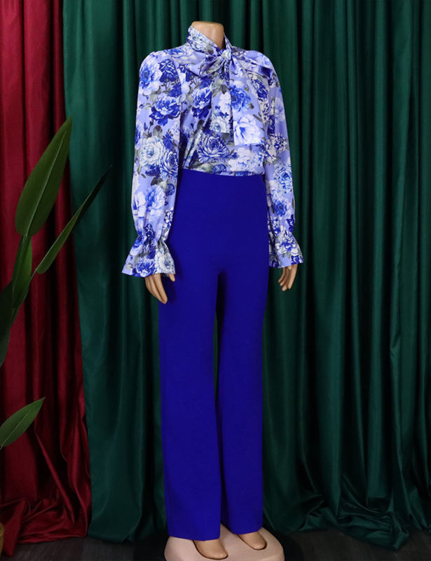 Blue Flounce Sleeve Floral Blouse and Wide Leg Pant Set