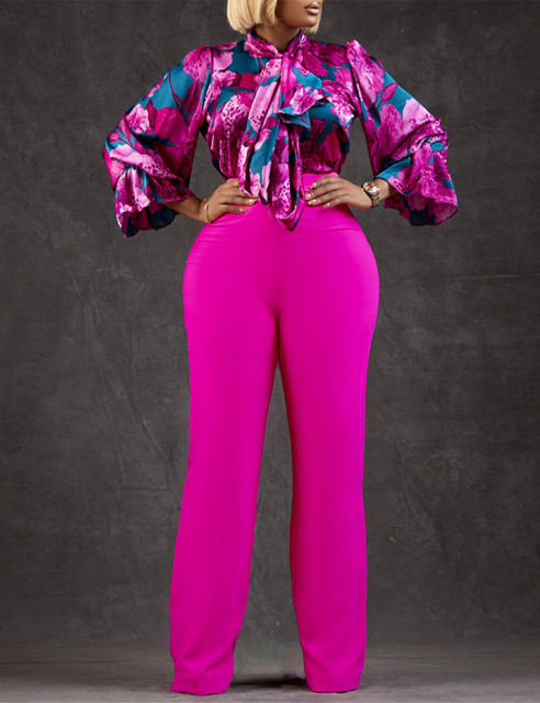 Rose Flounce Sleeve Floral Blouse and Wide Leg Pant Set