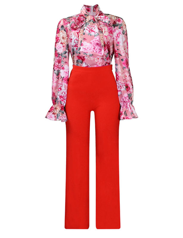 Pink Flounce Sleeve Floral Blouse and Tangerine Wide Leg Pant Set