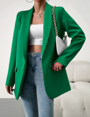 Green Solid Color Lapel Collar Blazer Coat
