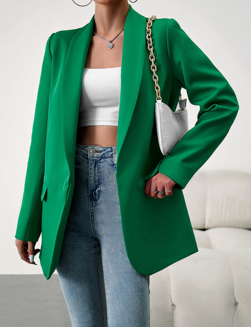 Green Solid Color Lapel Collar Blazer Coat
