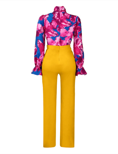 Rose Flounce Sleeve Floral Blouse and Yellow Wide Leg Pant Set