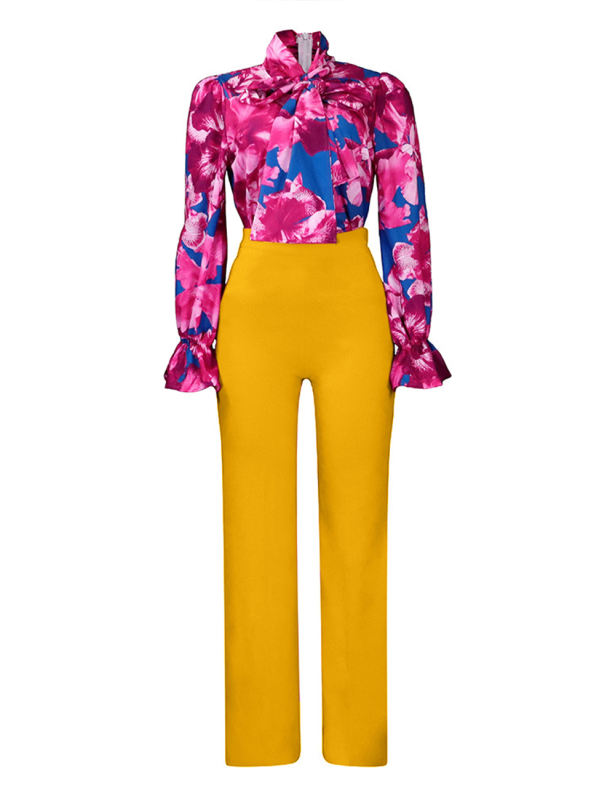 Rose Flounce Sleeve Floral Blouse and Yellow Wide Leg Pant Set