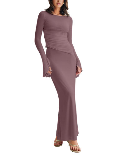 Dusty Pink Asymmetric Long Sleeve Top and Maxi Skirt Set