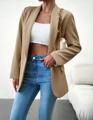Khaki Solid Color Lapel Collar Blazer Coat