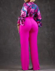 Rose Flounce Sleeve Floral Blouse and Wide Leg Pant Set