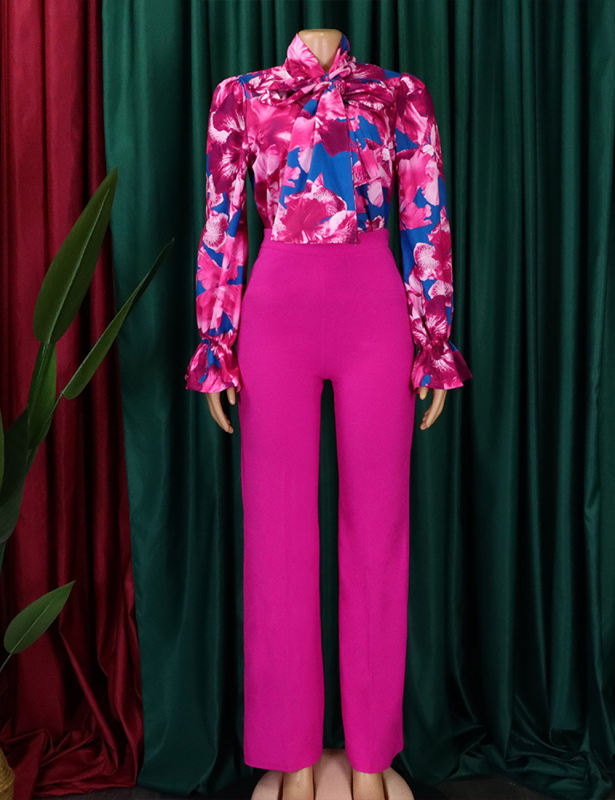 Rose Flounce Sleeve Floral Blouse and Wide Leg Pant Set