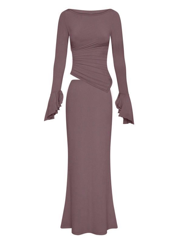 Dusty Pink Asymmetric Long Sleeve Top and Maxi Skirt Set