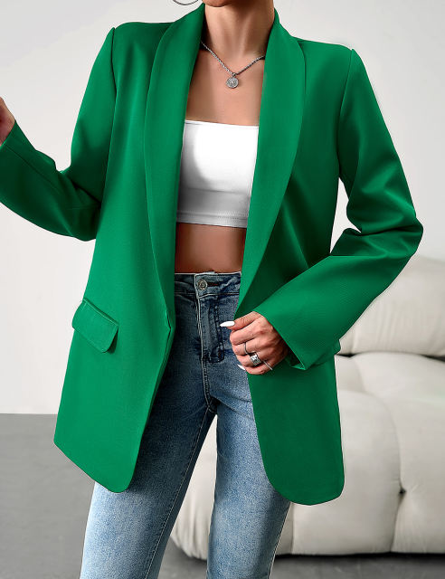 Green Solid Color Lapel Collar Blazer Coat