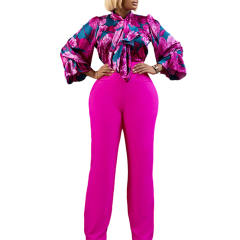 Rose Flounce Sleeve Floral Blouse and Wide Leg Pant Set