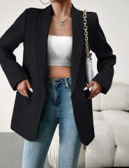 Black Solid Color Lapel Collar Blazer Coat
