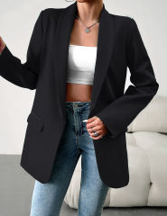Black Solid Color Lapel Collar Blazer Coat