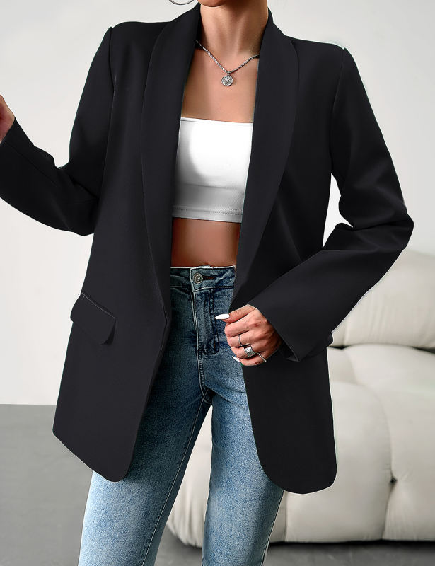 Black Solid Color Lapel Collar Blazer Coat