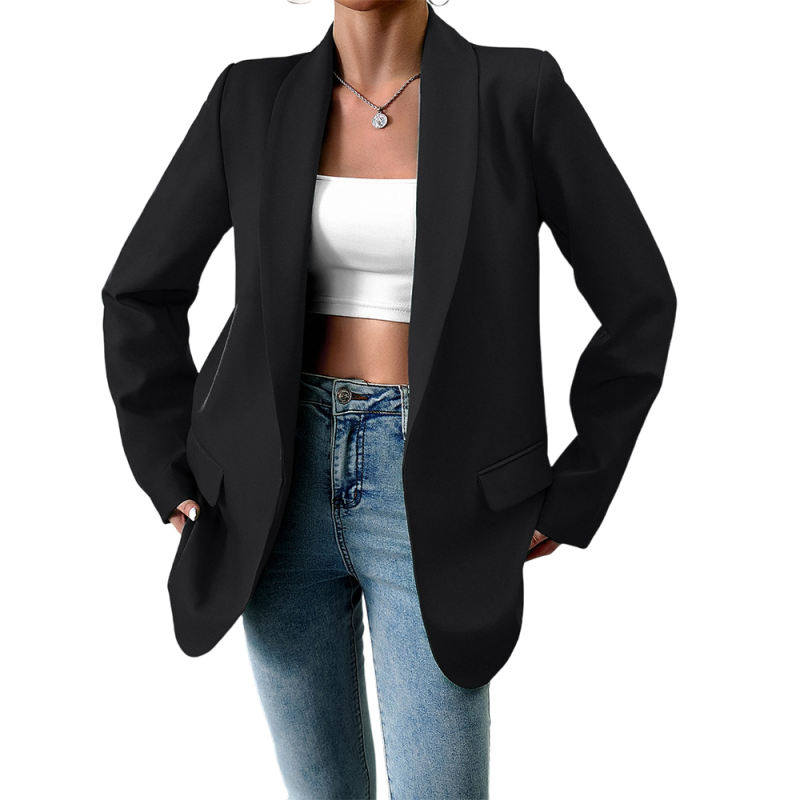 Black Solid Color Lapel Collar Blazer Coat
