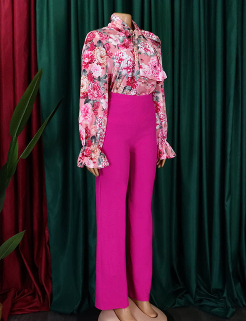 Pink Flounce Sleeve Floral Blouse and Rose Wide Leg Pant Set