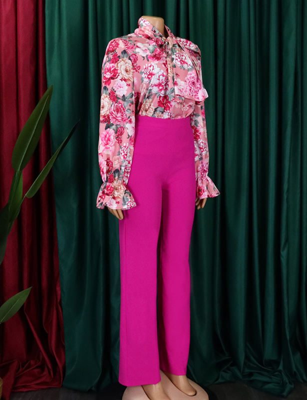 Pink Flounce Sleeve Floral Blouse and Rose Wide Leg Pant Set