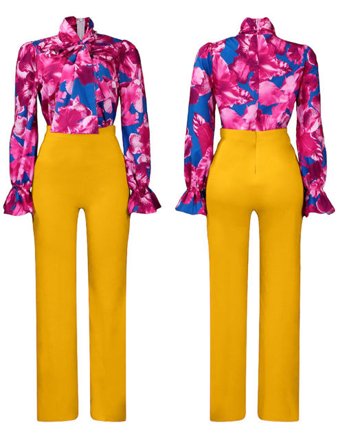 Rose Flounce Sleeve Floral Blouse and Yellow Wide Leg Pant Set