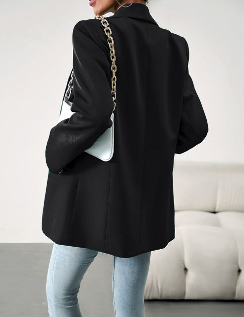 Black Solid Color Lapel Collar Blazer Coat