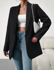 Black Solid Color Lapel Collar Blazer Coat