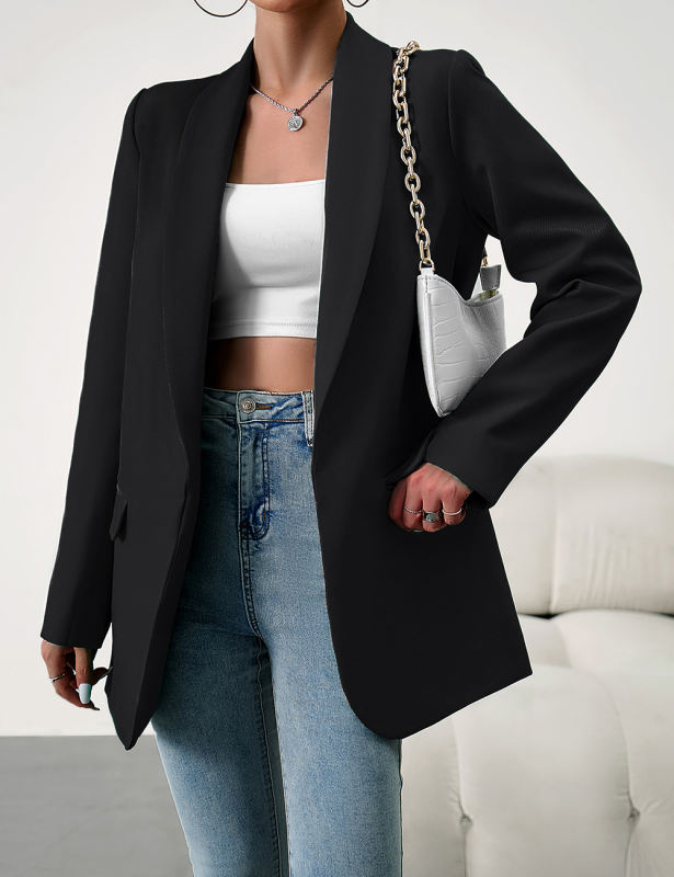 Black Solid Color Lapel Collar Blazer Coat