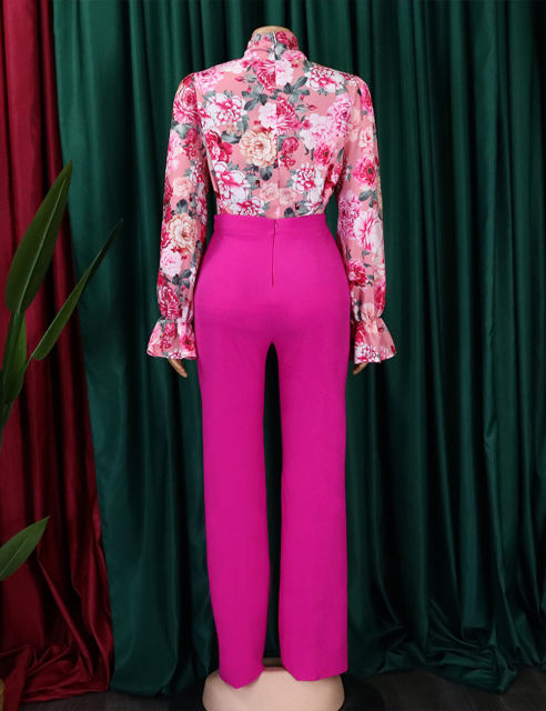 Pink Flounce Sleeve Floral Blouse and Rose Wide Leg Pant Set
