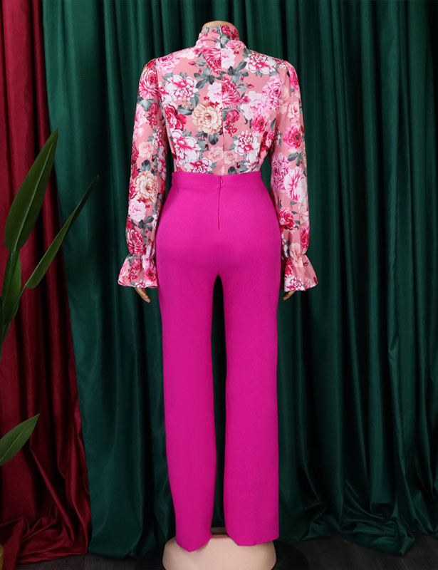 Pink Flounce Sleeve Floral Blouse and Rose Wide Leg Pant Set